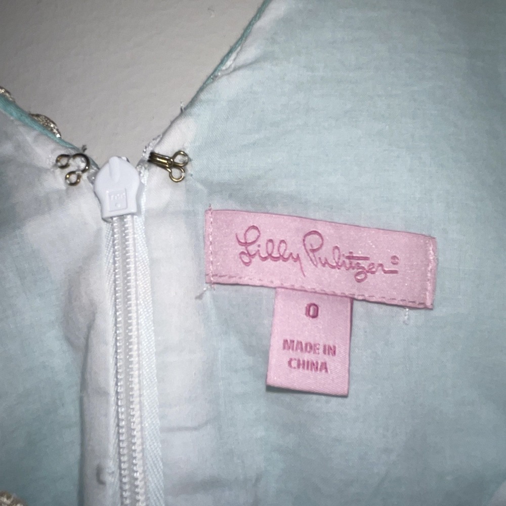 Lilly Pulitzer Bay Dress Size 0 Aqua Blue Textured Shift Embroidered Neckline - Picture 5 of 10